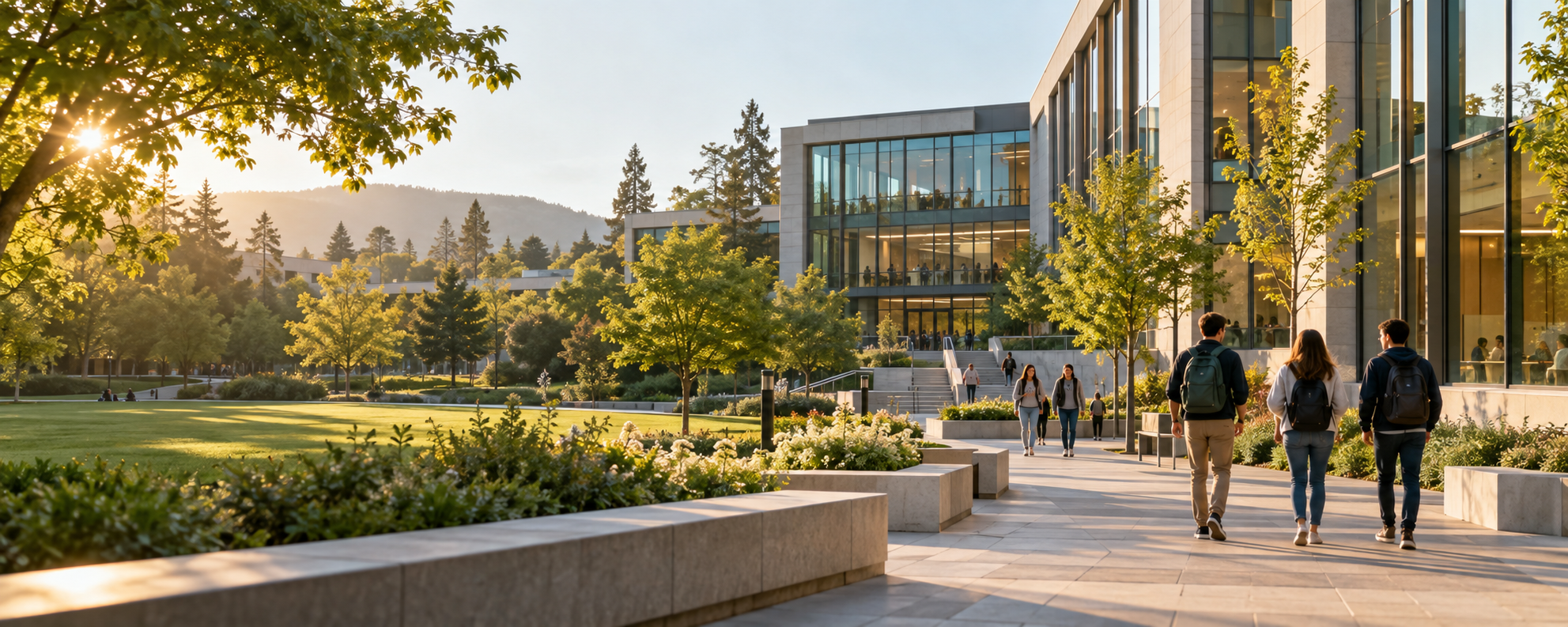 Students walking through a modern university campus